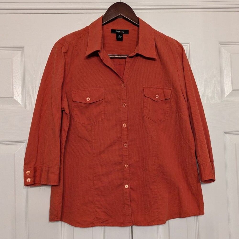 Style & Co Rust Terracotta Ribbed Cotton Button Up Shirt 3/4 Sleeve Size 16